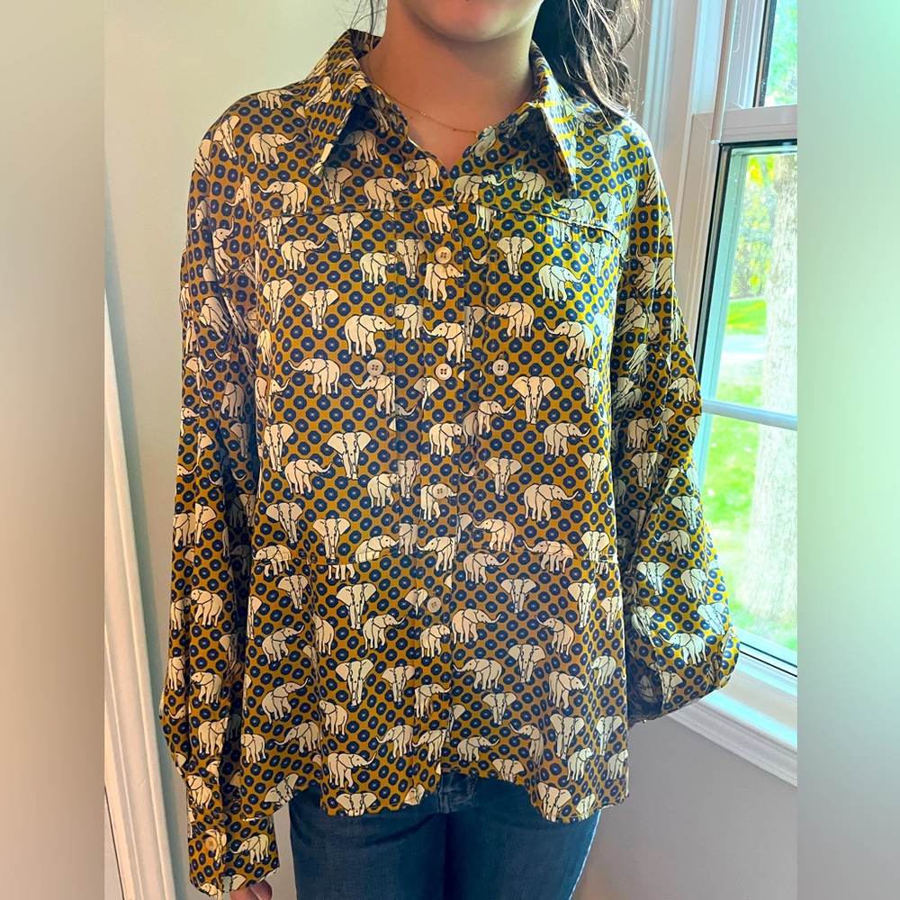 ZARA ELEPHANT PRINT IN MUSTARD AND BLUE/INDIGO SZ XS